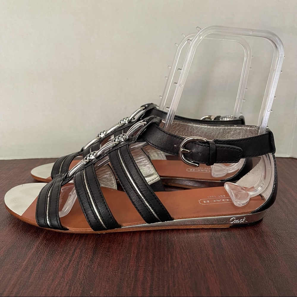 COACH LOW WEDGE ANKLE BUCKLE SANDALS BLACK SILVER